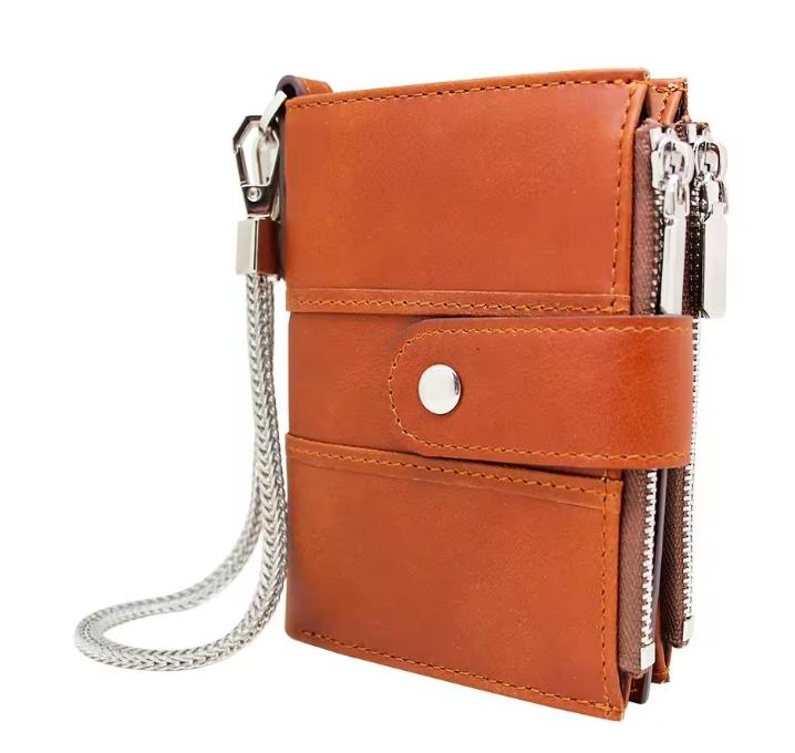 boshiho customized chain wallet genuine Leather Purse Bifold Men RFID Blocking short Wallet