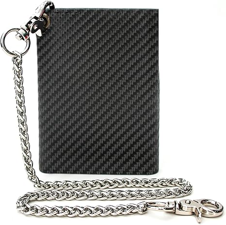 boshiho Mens Slim Wallet with Chain: Carbon Fiber Leather Trifold Wallet RFID Blocking