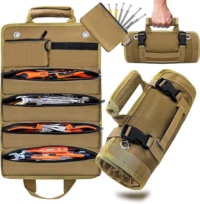 Tool Roll Bag - Waterproof Small Tool Bag with Removable Pouch, Tool Organiser for Motorcycle, Truck, Electrician, Mechanic