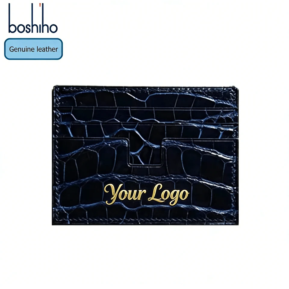 Blue crocodile-texture genuine leather card holder
