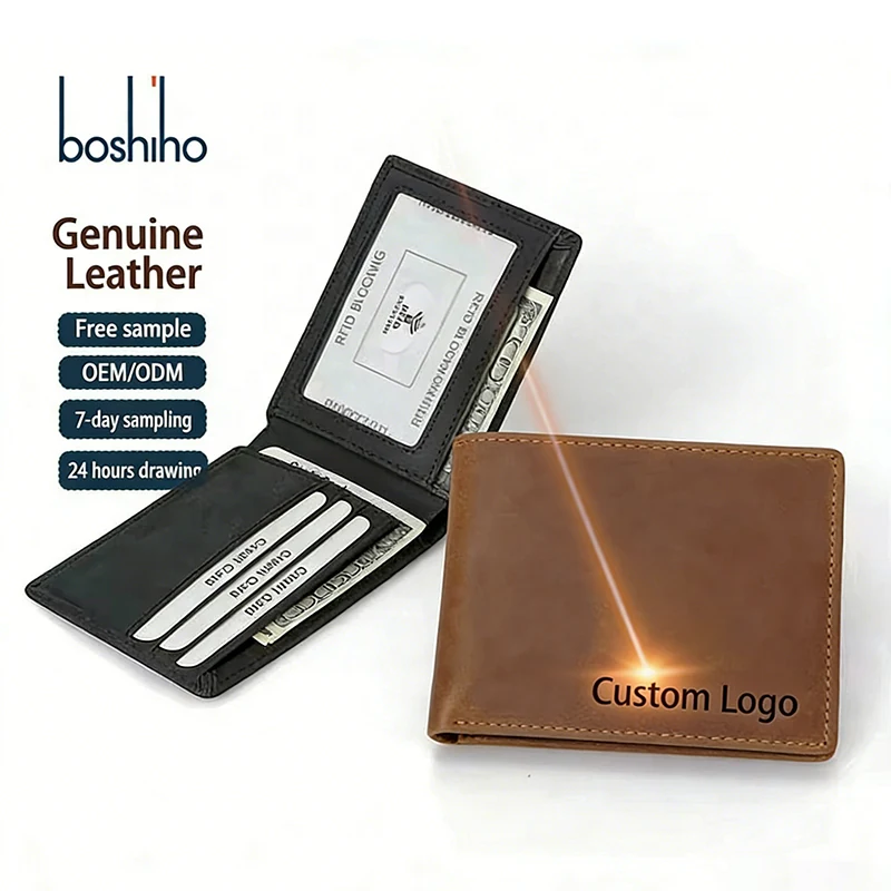 Slim cowhide bifold RFID wallet in black and brown