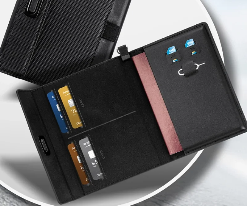 Open RFID travel document holder with passports and cards