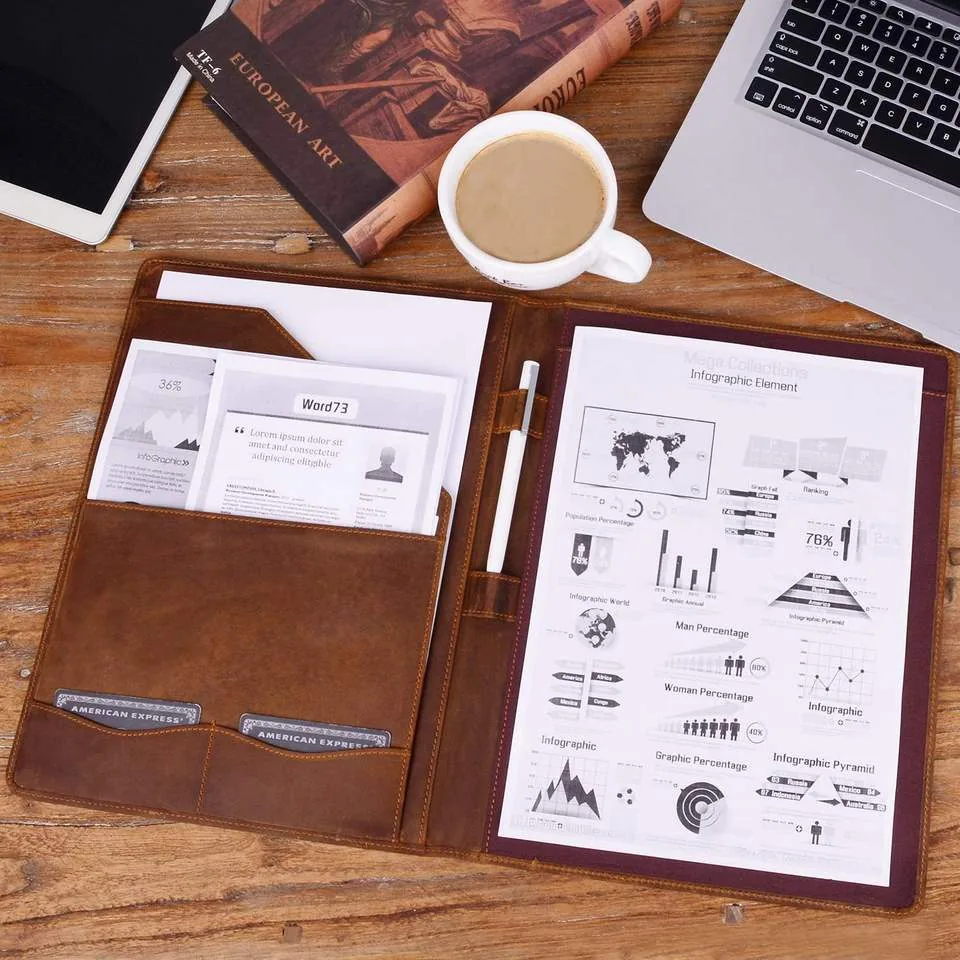 Leather document padfolio open on a desk
