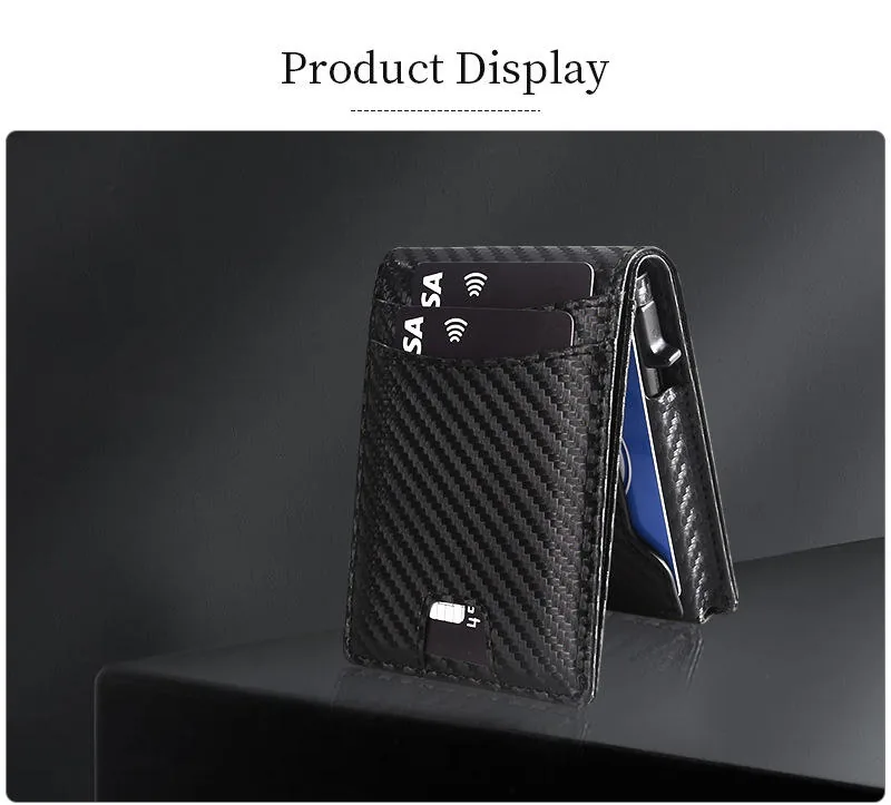 Black carbon-texture PU card wallet with cards in the front pockets