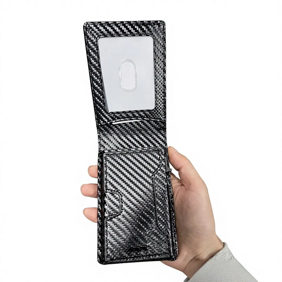 Open carbon-texture wallet showing its ID window and inner pocket