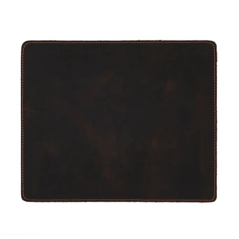 Rectangular dark leather mouse pad with stitched edges