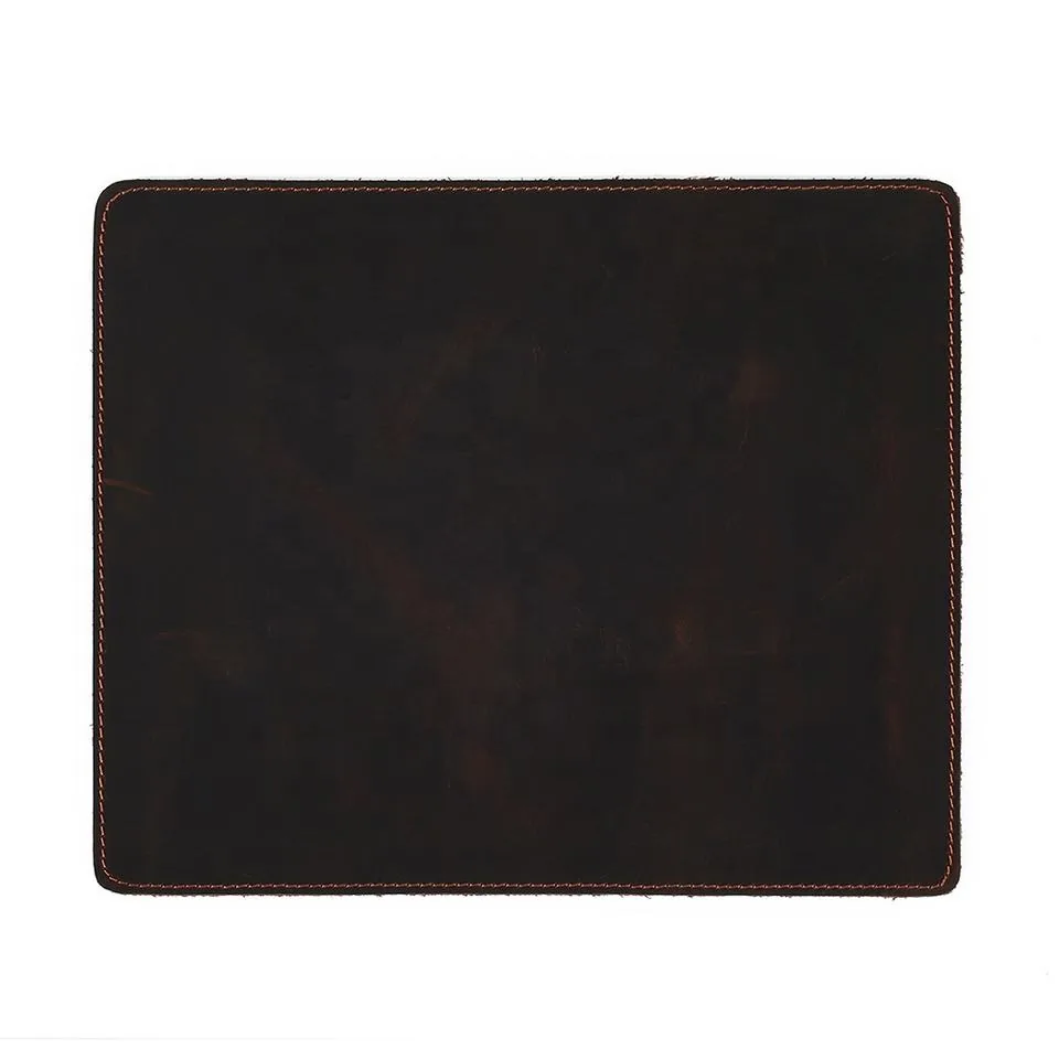 Rectangular dark leather mouse pad with stitched edges