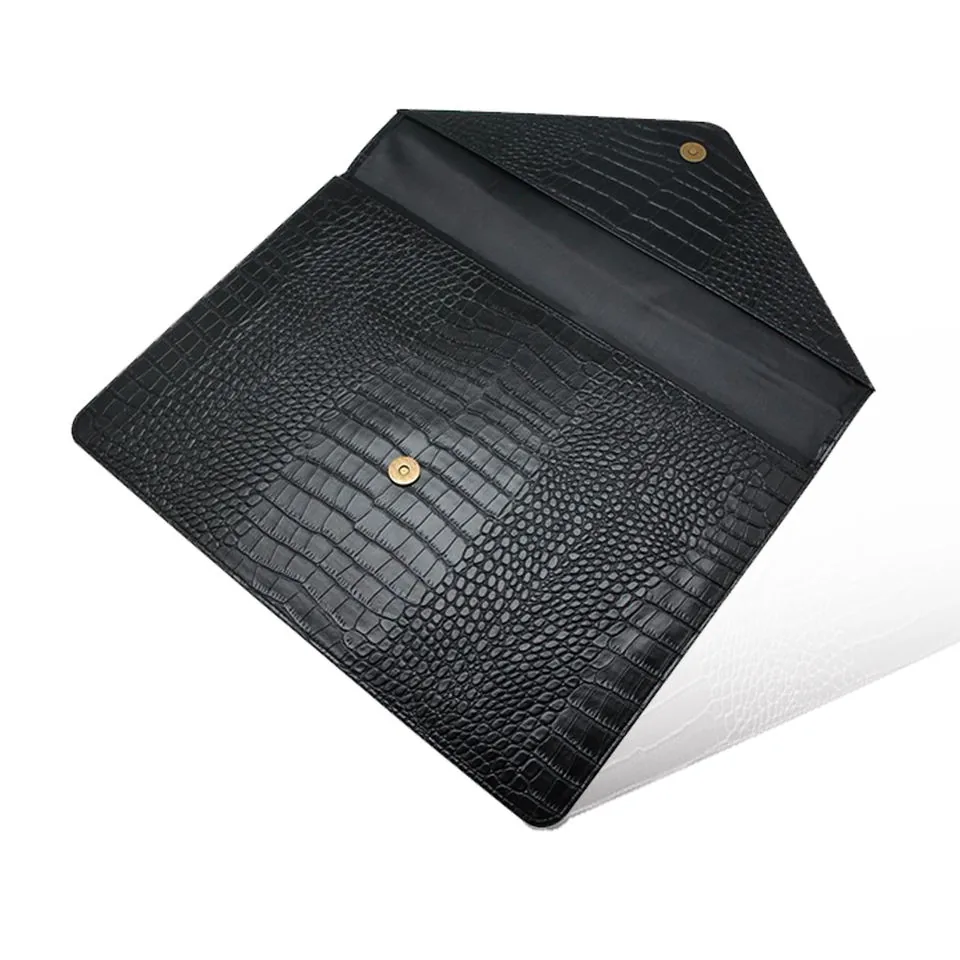 Open PU laptop sleeve showing its press-stud flap