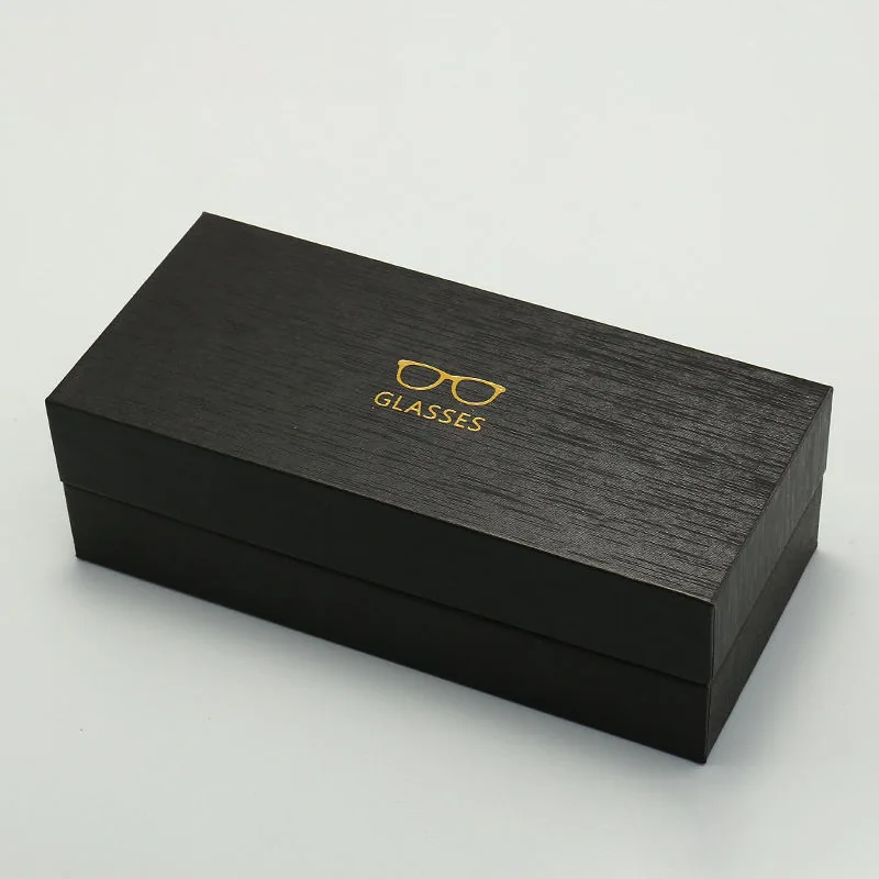 Black rectangular eyewear gift box with a gold logo example