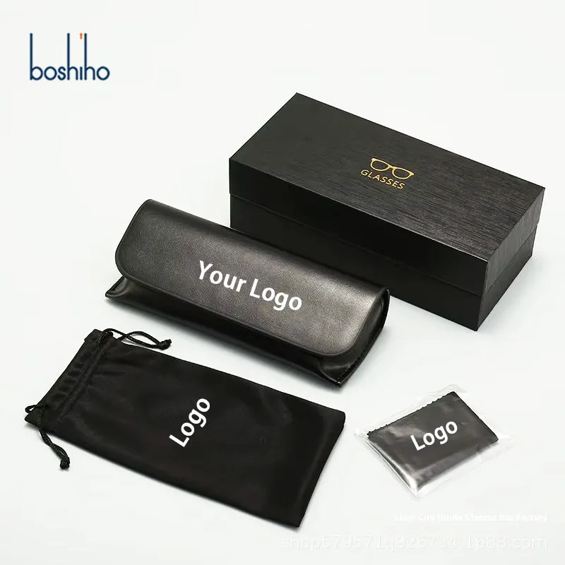 Black eyewear case with branded gift box, drawstring pouch and cleaning cloth