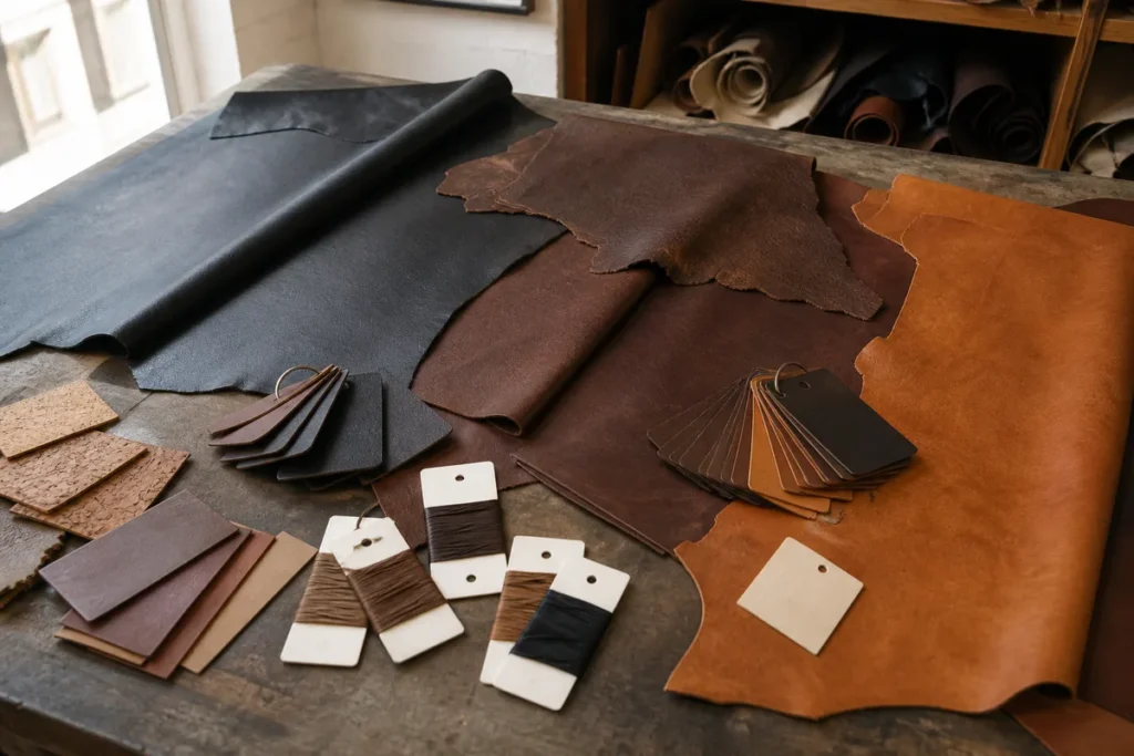 Leather and alternative material samples prepared for review