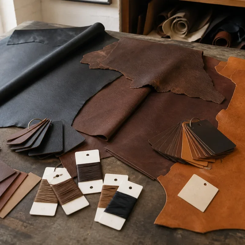 Leather and alternative material samples prepared for review