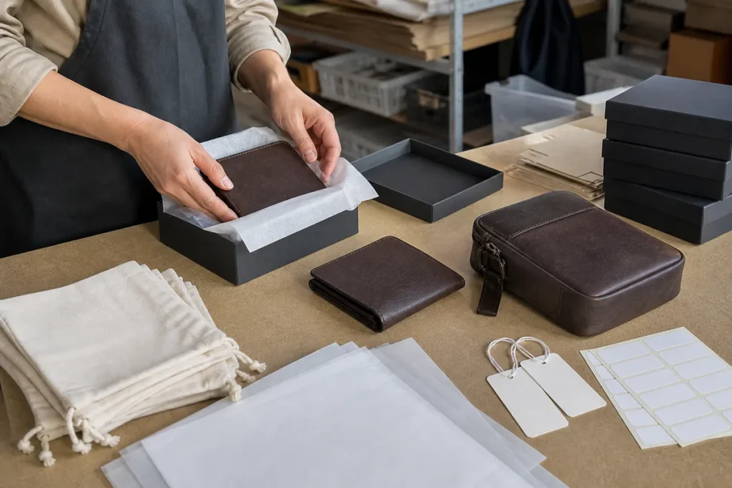 Leather goods being prepared with retail packaging materials