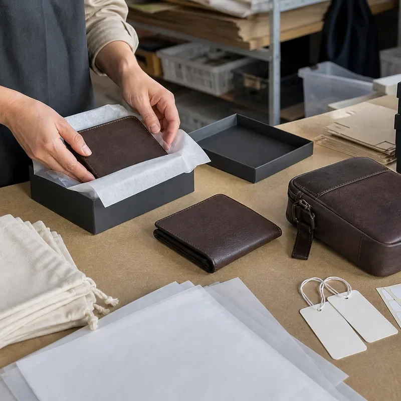 Leather goods being prepared with retail packaging materials