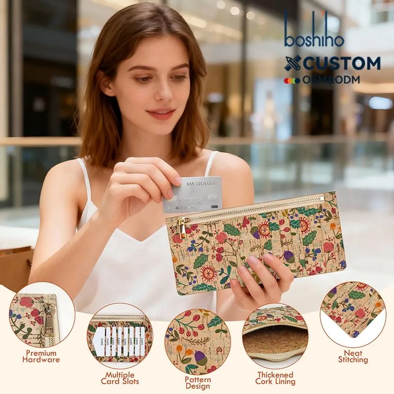 Floral cork long wallet showing card storage and patterned surface