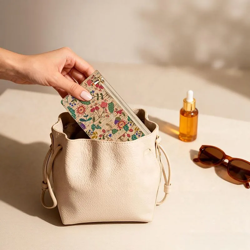 Floral cork long wallet being placed into a handbag