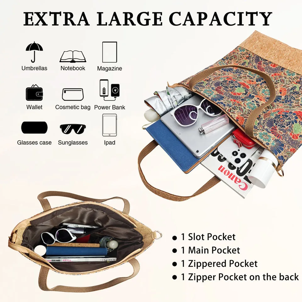 Open floral cork tote showing organized interior storage