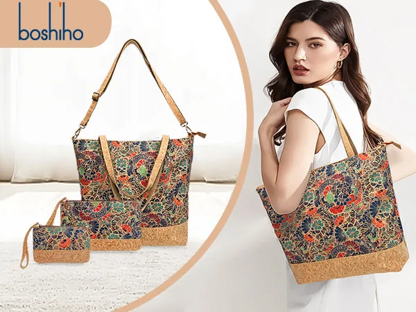 Floral cork tote with matching small pouch