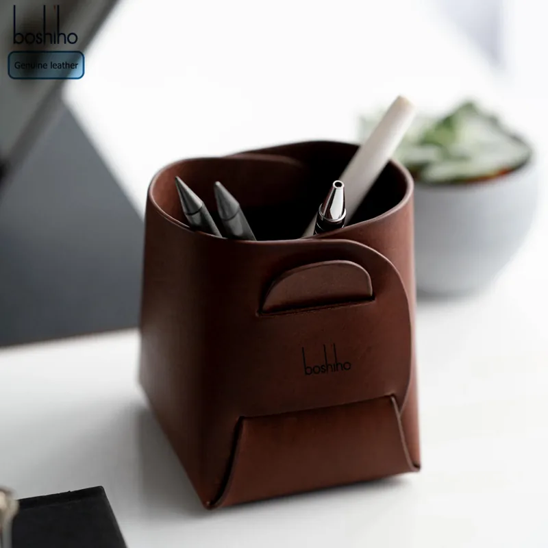 Brown desk holder showing a logo placement reference