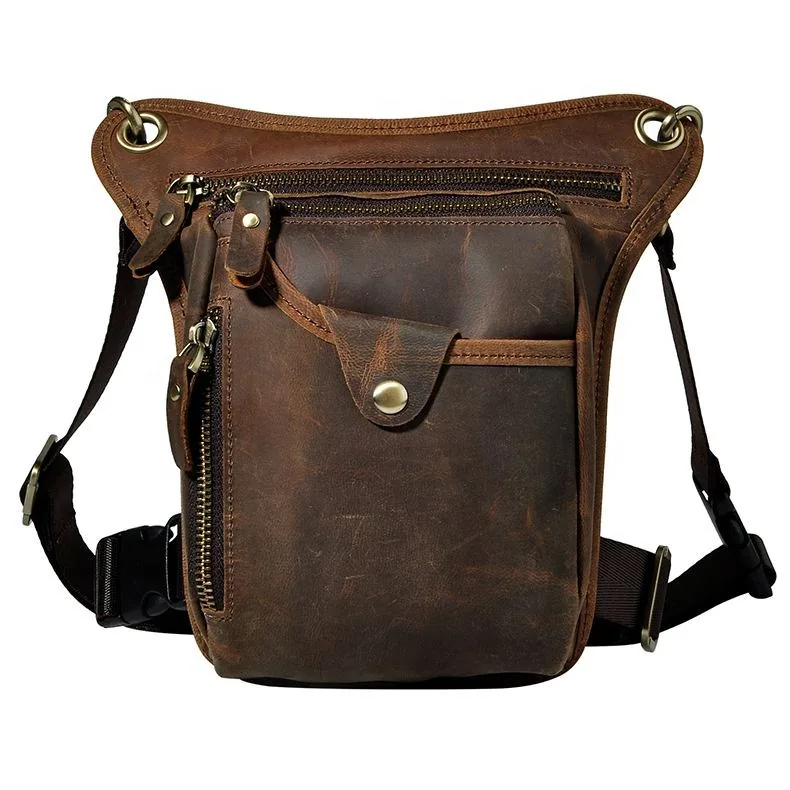 Front view of the genuine leather waist and leg bag