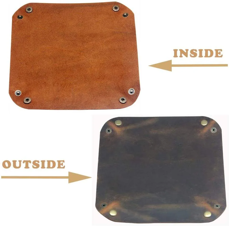 Leather tray opened flat to show inside, outside and corner snaps
