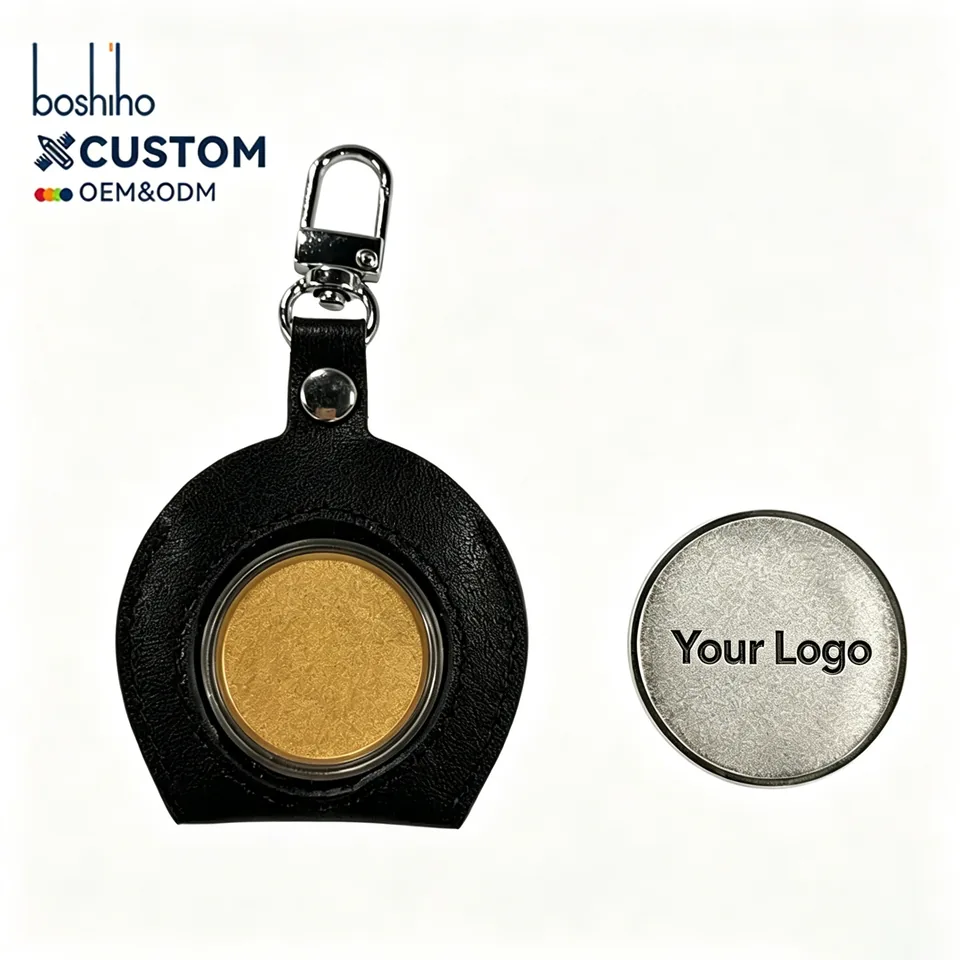 Black leather coin-display charm with swivel snap hook