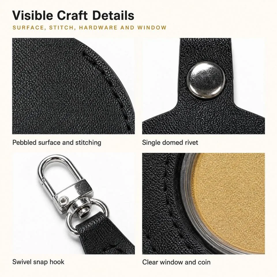 Coin charm details showing stitching, rivet, hook and clear window