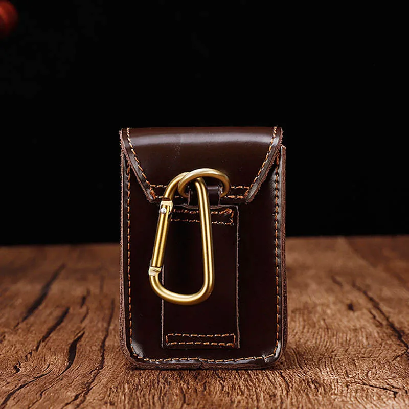 Rear metal clip and leather loop on the storage case