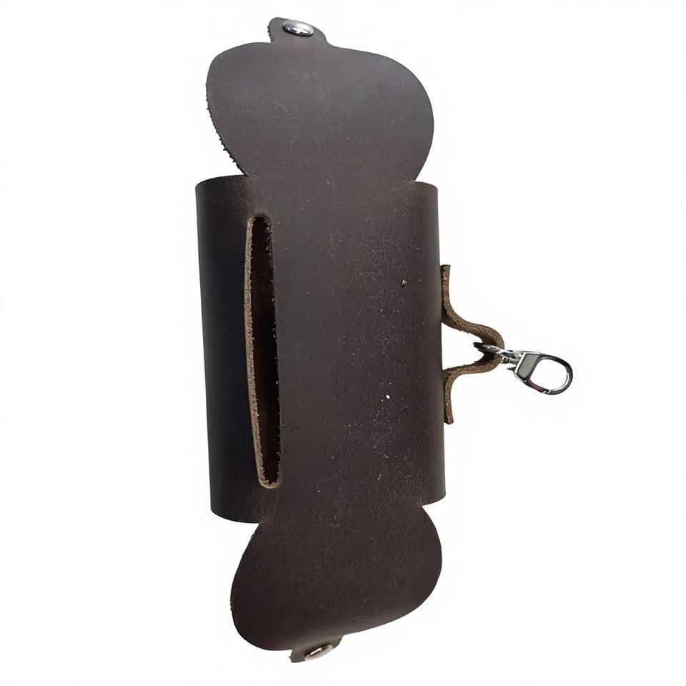 Unfastened leather waste-bag holder showing its refill opening
