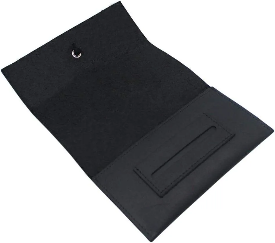 Open empty black leather pouch showing its interior slot