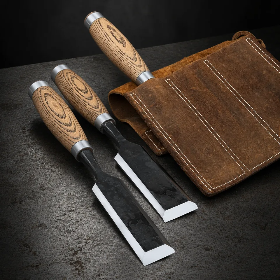 Leather tool roll showing its individual stitched chisel slots