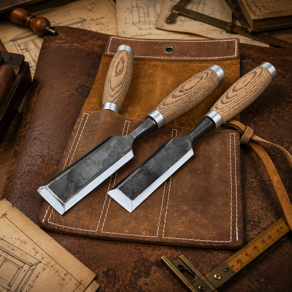 Leather chisel organizer displayed with workshop tools