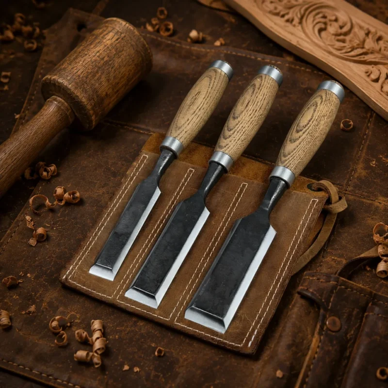 Leather chisel organizer holding woodworking tools on a workbench