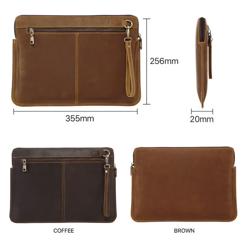 Leather zip sleeve dimensions, wrist strap and brown color references