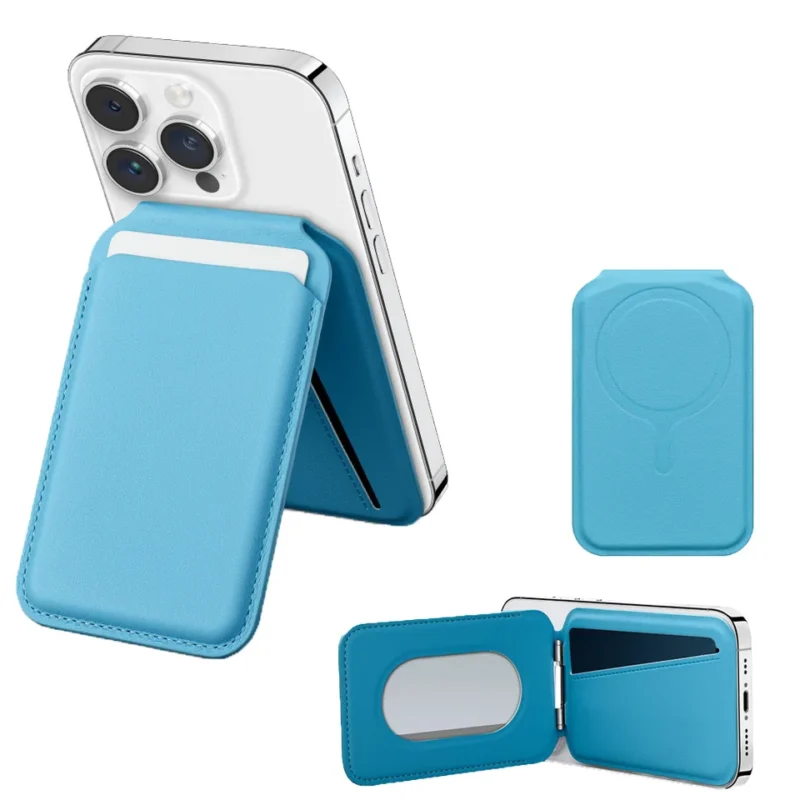 Blue magnetic card wallet shown attached to a phone and folded open