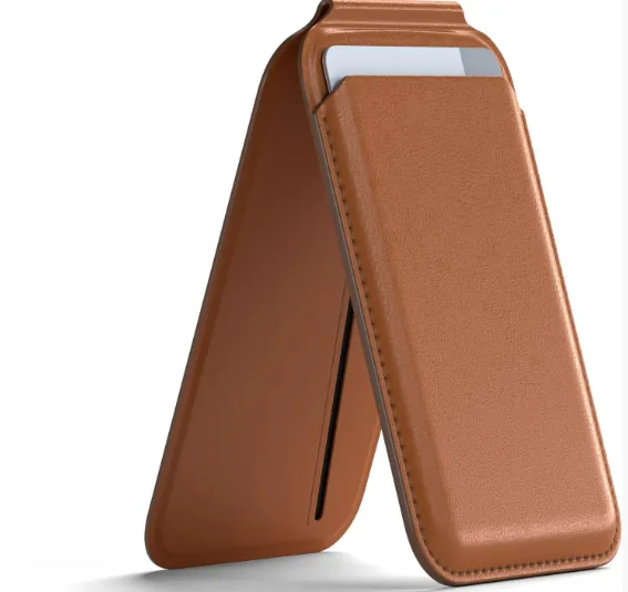 Brown PU card wallet opened as a phone stand