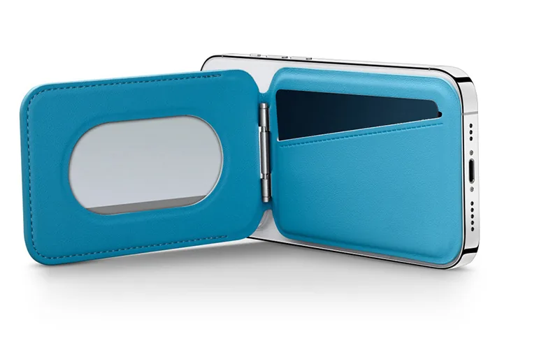 Open blue card wallet showing its interior storage panel