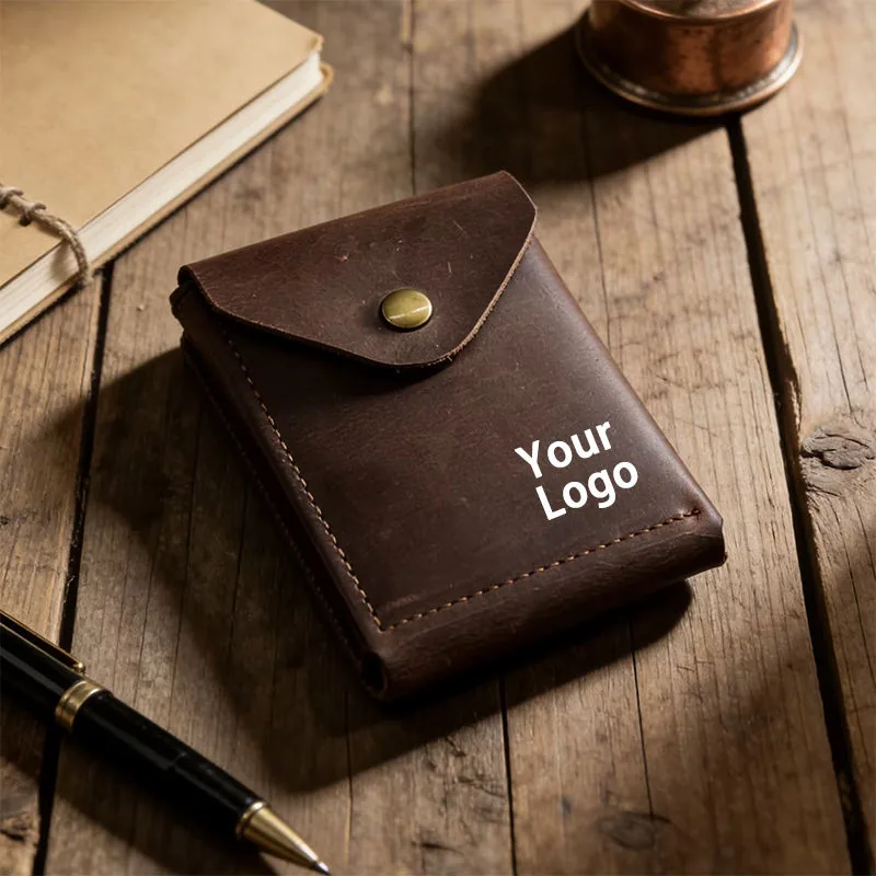 Brown leather snap wallet with a custom-logo example on the front