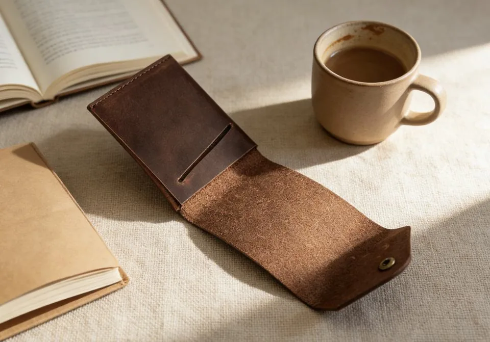 Open brown leather wallet showing the folding interior and card slot