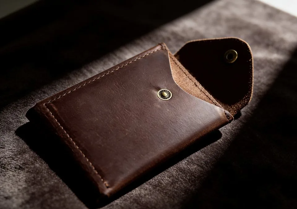 Close-up of the leather wallet and metal snap fastening