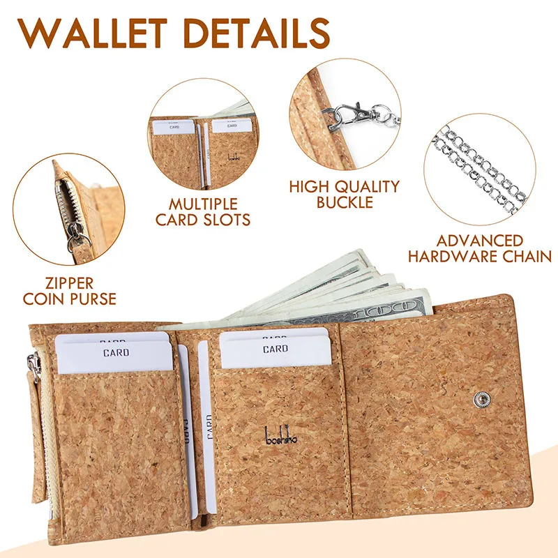 Open cork wallet showing card slots and zipped coin compartment
