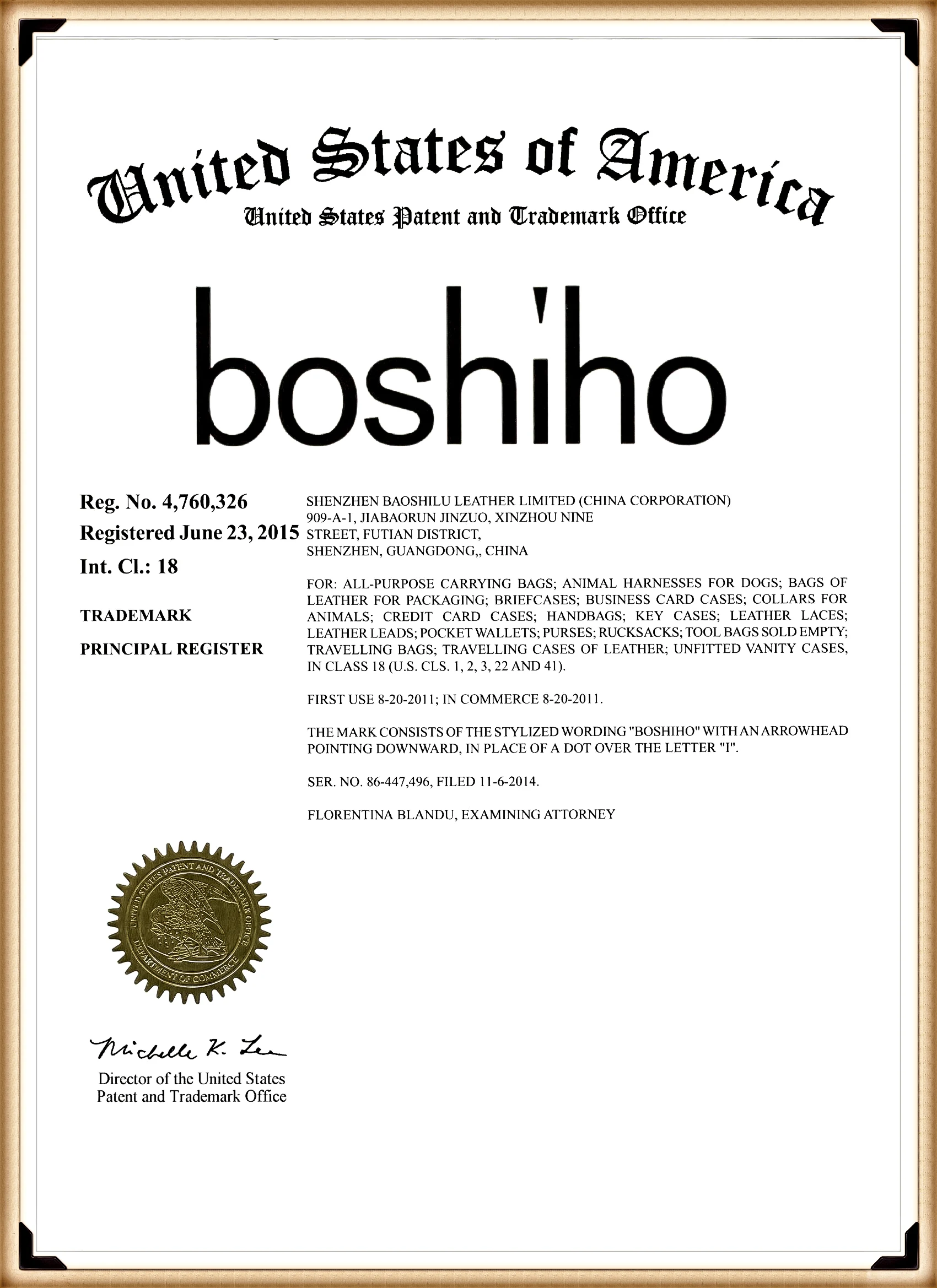 BOSHIHO US trademark document