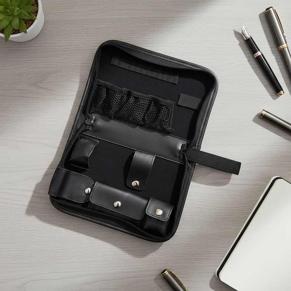 Black golf pouch showing its internal accessory layout