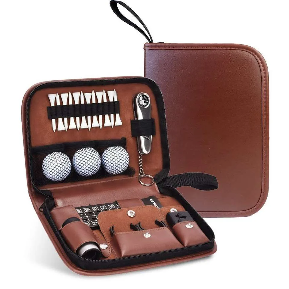 Brown golf organizer shown closed and open with example accessories