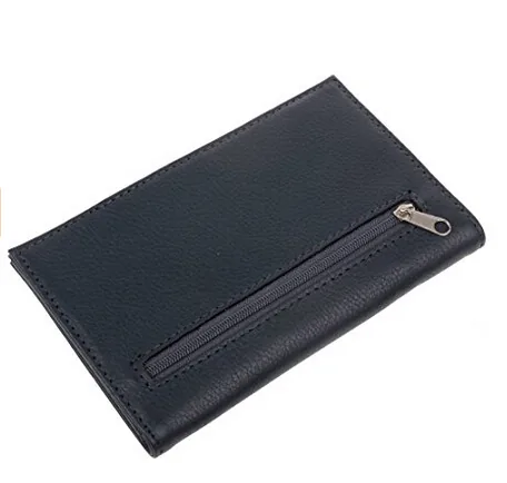Closed leather pouch showing an external zip pocket