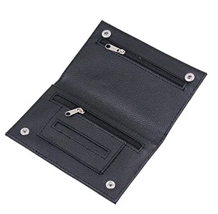 Empty folding leather pouch showing zip pockets and snap fastenings