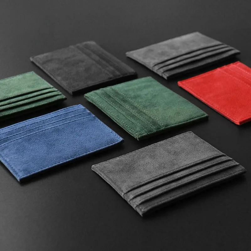 Slim PU card holders shown in green, blue, red, black and grey