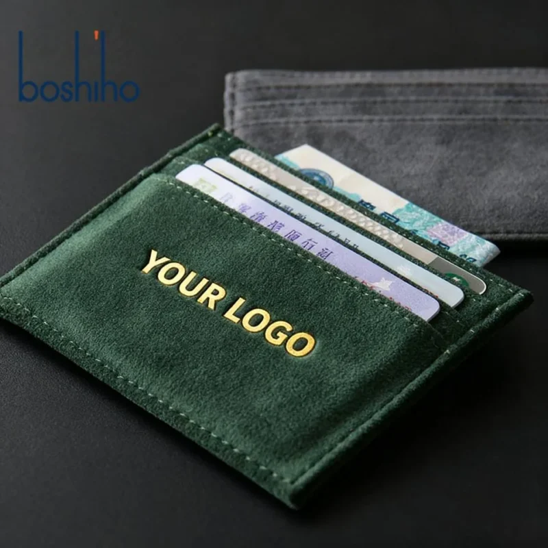 Green PU card holder with layered card slots and a gold custom-logo example