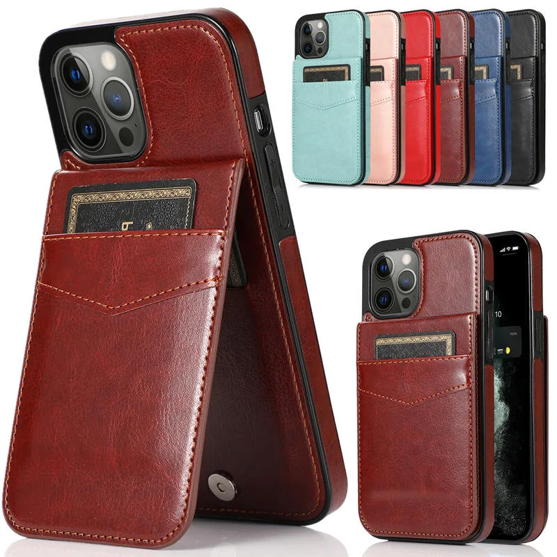 Wallet phone case with fold-out card section and multiple color examples