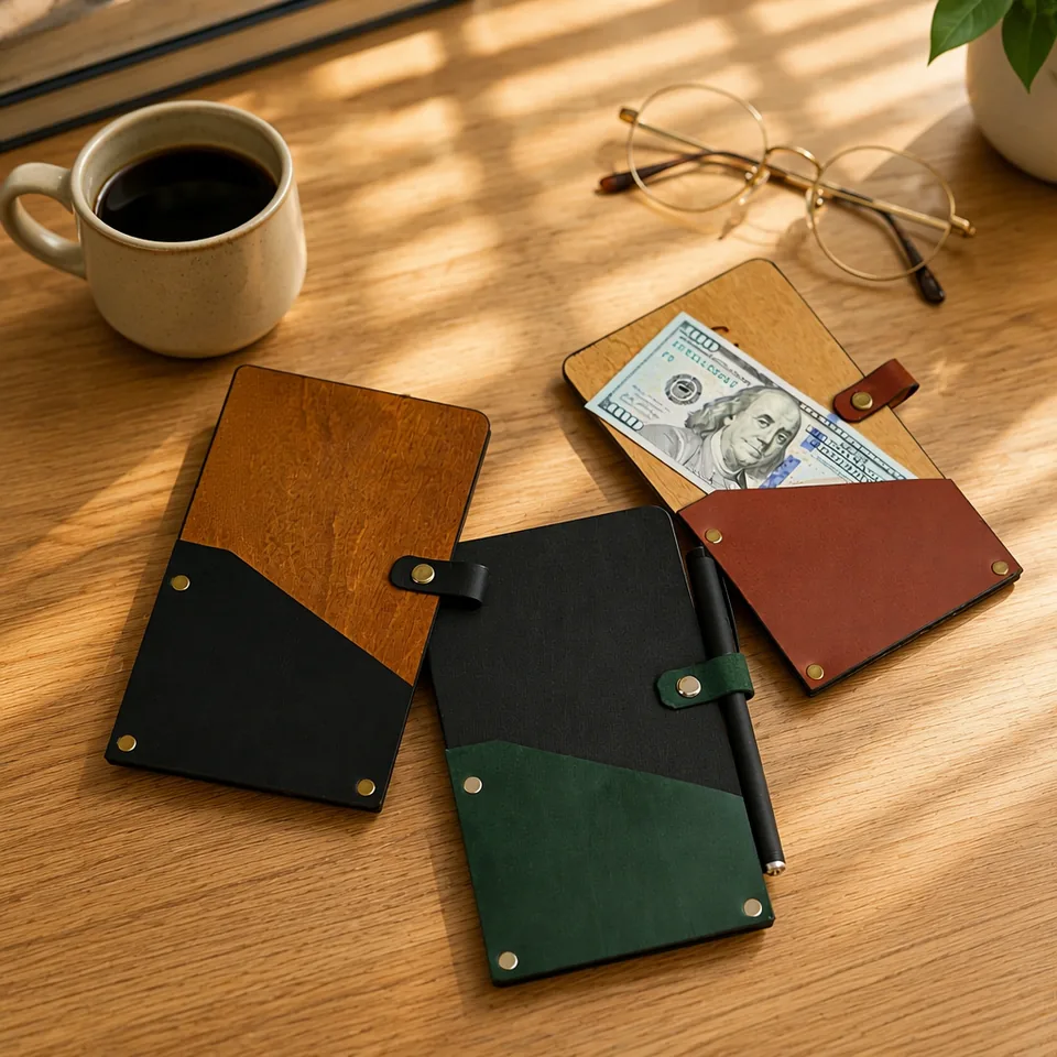 Two-tone leather bill holders in contrasting color combinations